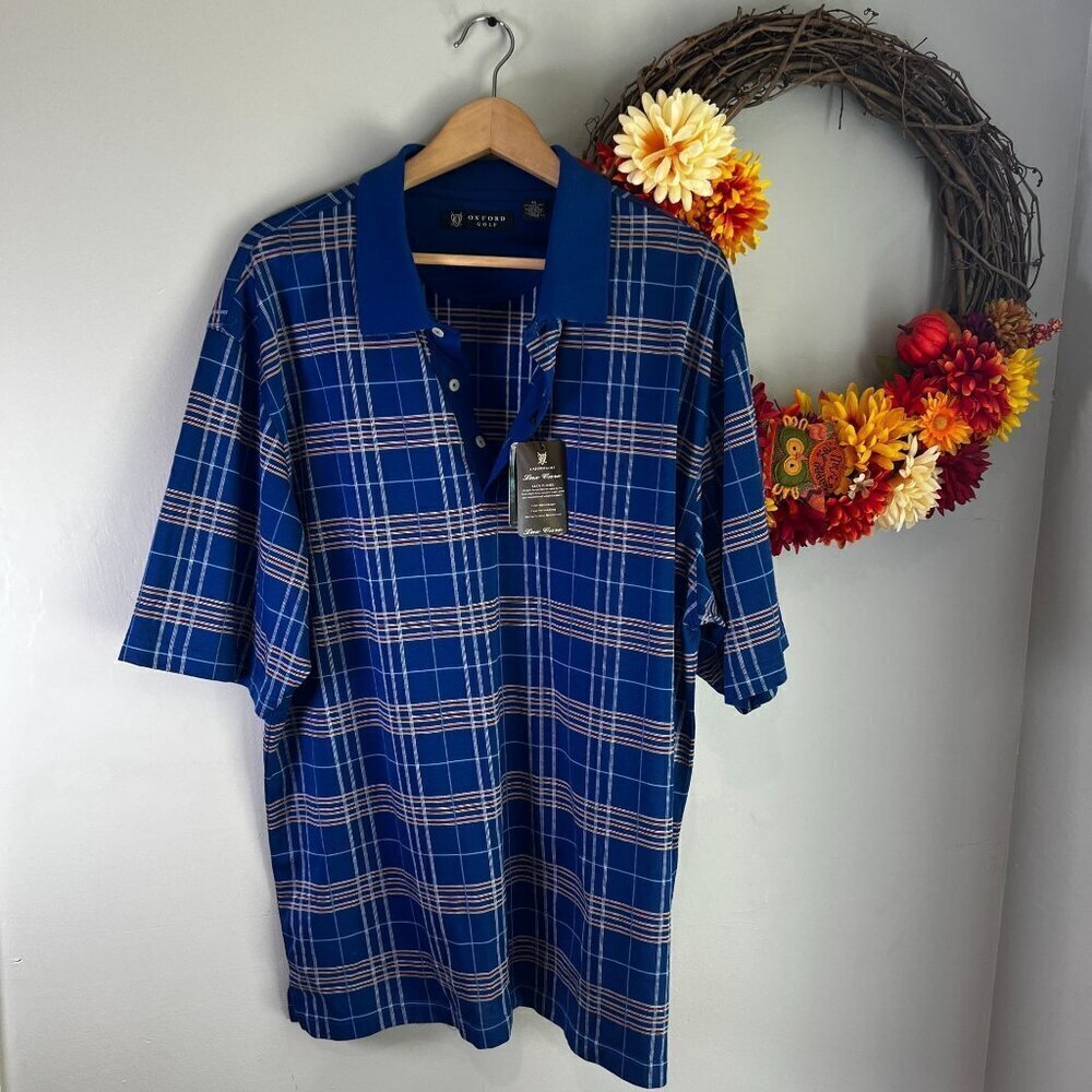 Oxford Golf Men's Short Sleeve Shirt Size XTRA-LARGE XL Blue White Plaid Cotton